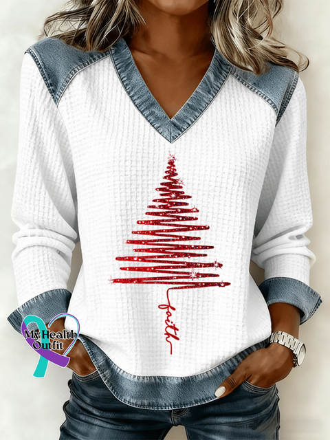 Women’s Christmas Tree Print Waffle Casual Patchwork Denim Sweatshirt Picture 1 / S