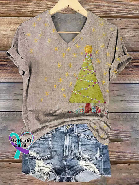 Women’s Christmas Tree V-neck Casual T-Shirt Multicolor / S
