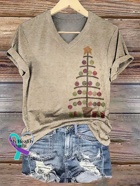 Women’s Christmas Tree V-neck Casual T-Shirt Multicolor / S