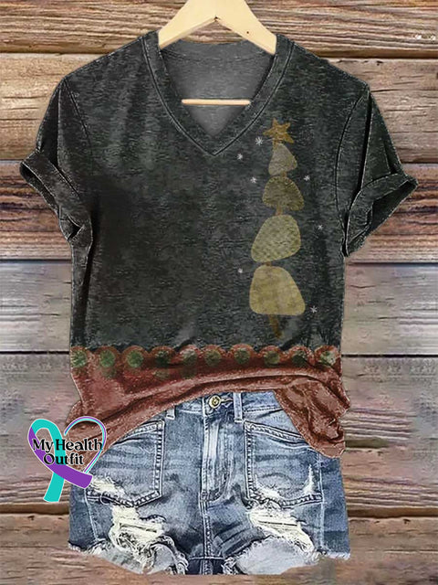 Women’s Christmas Tree V-neck Casual T-Shirt Multicolor / S