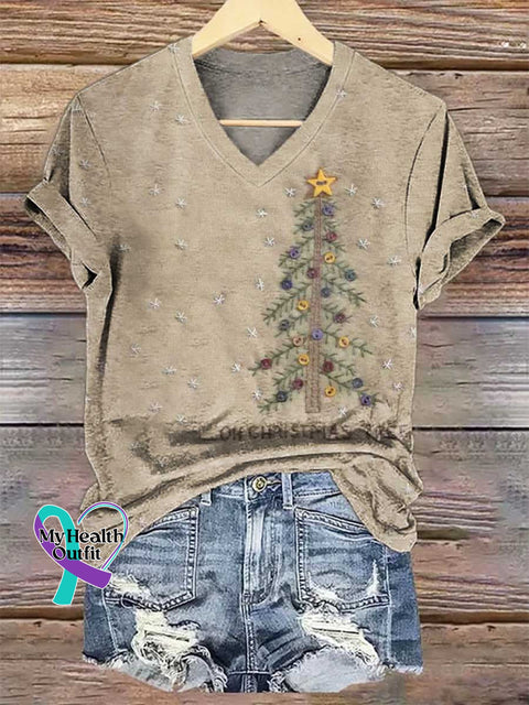 Women’s Christmas Tree V-neck Casual T-Shirt Multicolor / S