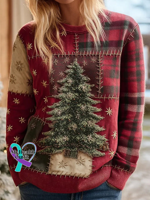 Women’s Christmas Tree With Plaid Patchwork Art Sweatshirt As picture / S
