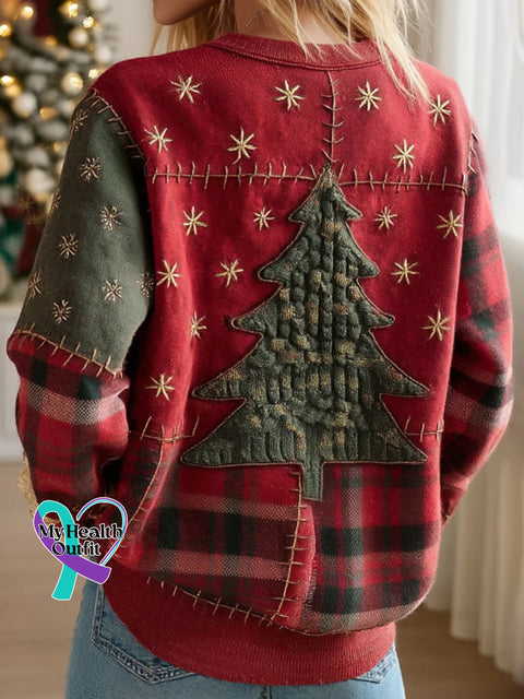 Women’s Christmas Tree With Plaid Patchwork Art Sweatshirt As picture / S