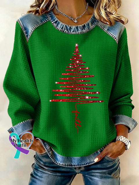 Women’s Christmas Waffle Crew Neck Casual Sweatshirt Picture 3 / S