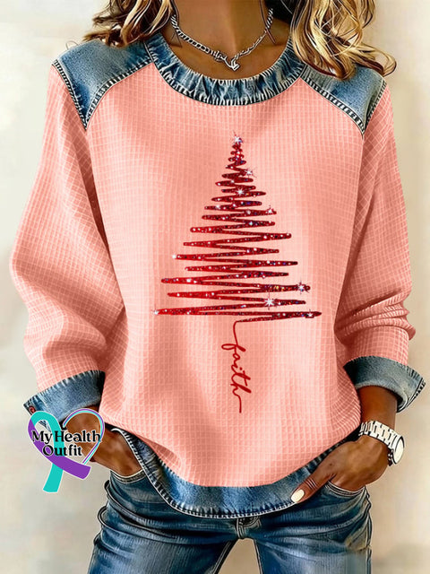 Women’s Christmas Waffle Crew Neck Casual Sweatshirt Picture 4 / S
