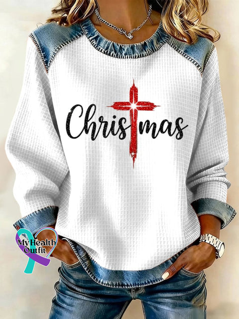 Women’s Christmas Waffle Crew Neck Casual Sweatshirt White / S
