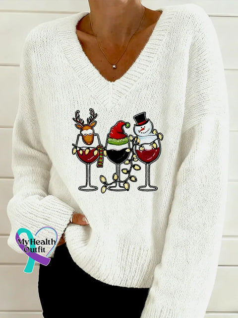 Women’s Christmas Wine Casual V-neck Pullover Knit Multicolor / S