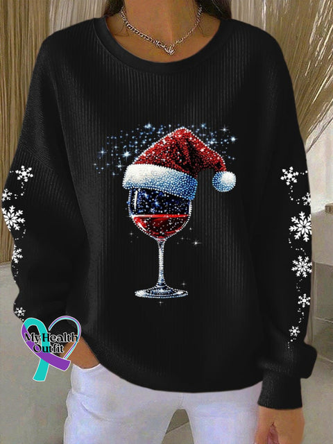 Women’s Christmas Wine Glass Snowflake Print Casual Sweatshirt Black / S