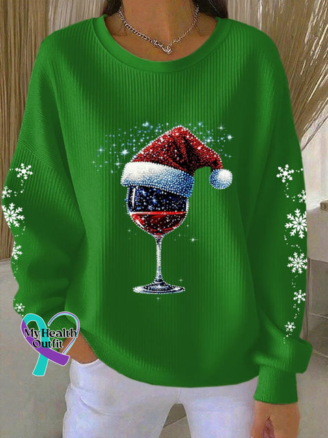 Women’s Christmas Wine Glass Snowflake Print Casual Sweatshirt Green / S