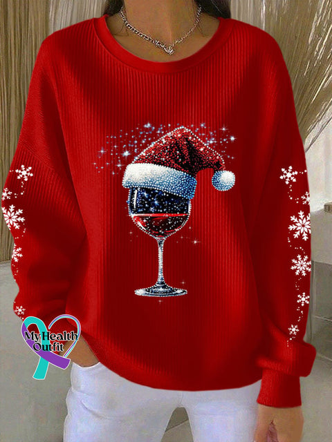 Women’s Christmas Wine Glass Snowflake Print Casual Sweatshirt Red / S
