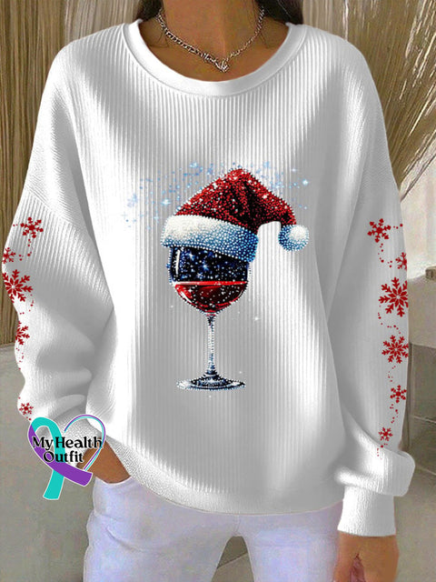 Women’s Christmas Wine Glass Snowflake Print Casual Sweatshirt White / S