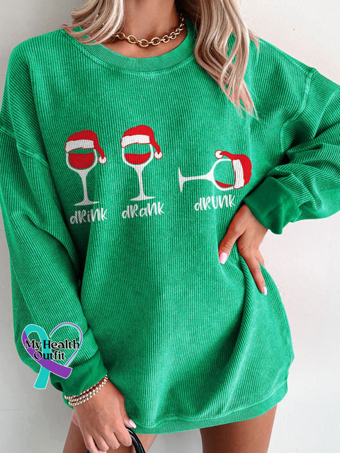 Women’s Christmas Wine Glasse Casual Print Sweatshirt Green / S