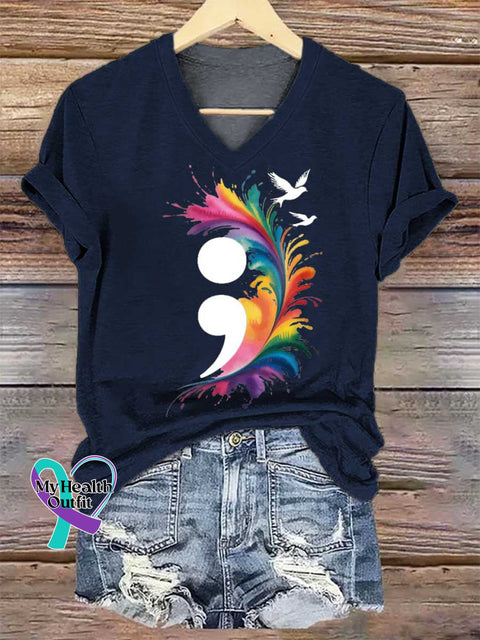 Women’s Colon SUICIDE PREVENTION AWARENESS V-neck Casual T-Shirt Blue / S