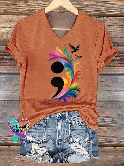Women’s Colon SUICIDE PREVENTION AWARENESS V-neck Casual T-Shirt Orange / S