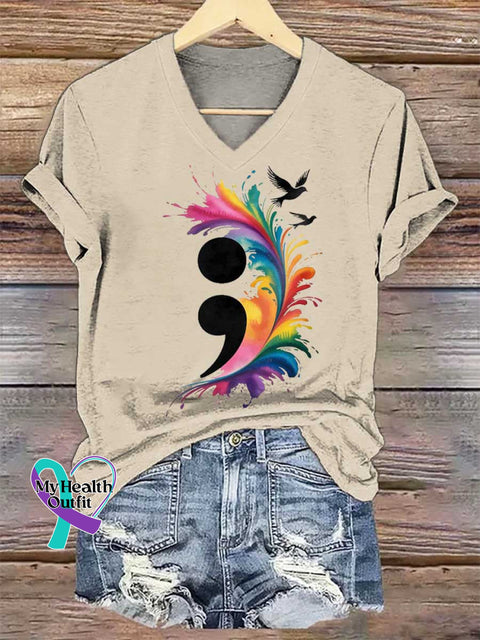 Women’s Colon SUICIDE PREVENTION AWARENESS V-neck Casual T-Shirt Sand / S