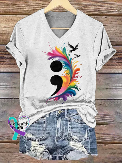 Women’s Colon SUICIDE PREVENTION AWARENESS V-neck Casual T-Shirt White / S