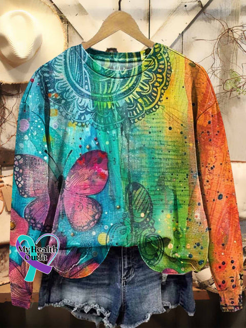 Women’s Colorful Boho Hippie Butterfly Print Casual Sweatshirt Multicolor / S