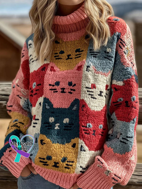 Women’s Colorful Cat Embroidered Art Cozy Knitted Turtleneck Sweater As picture / S