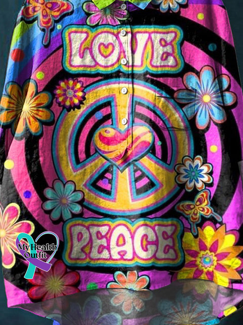 Women’s Colorful Green Anti-War Peace Sign Print Casual Cotton And Linen Shirt