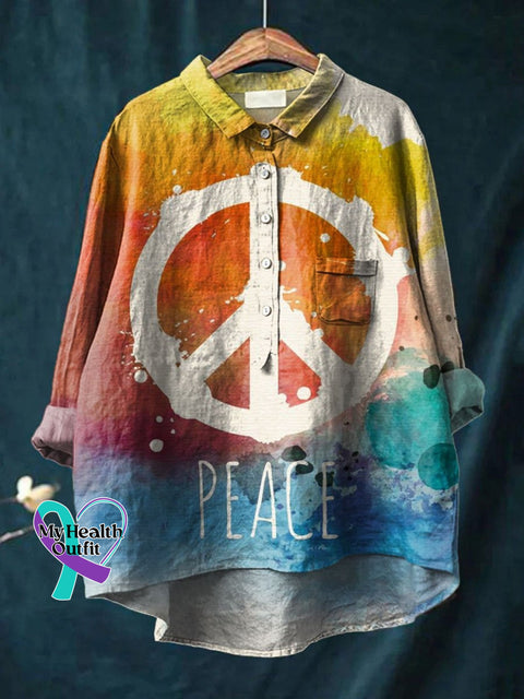 Women’s Colorful Green Anti-War Peace Sign Print Casual Cotton And Linen Shirt Love / S