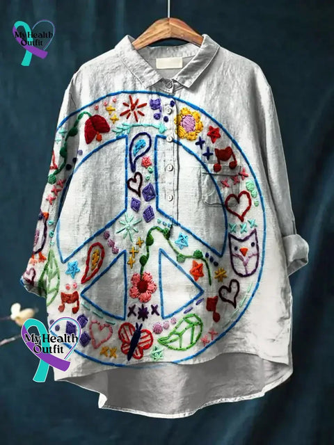 Women’s Colorful Green Anti-War Peace Sign Print Casual Cotton And Linen Shirt Vintage / S