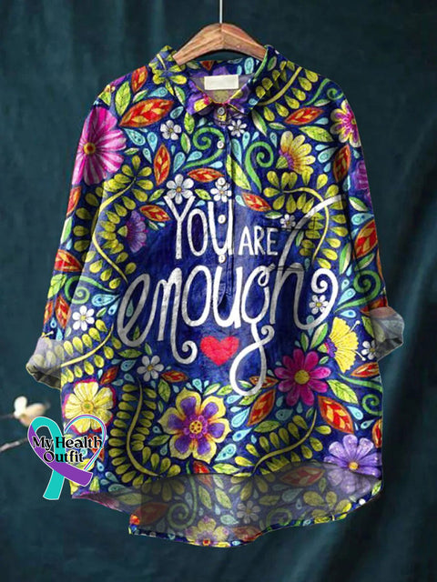 Women’s Colorful Green Anti-War Peace Sign Print Casual Cotton And Linen Shirt You Are Enough / S