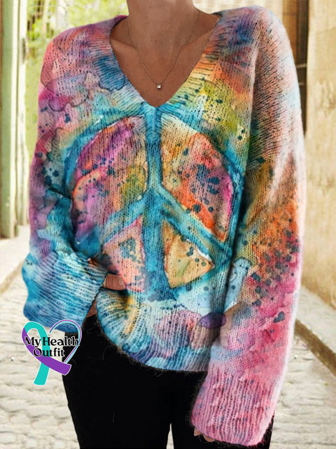 Women’s Colorful Hippie Art Casual V-Neck Knit Sweater Multicolor / S