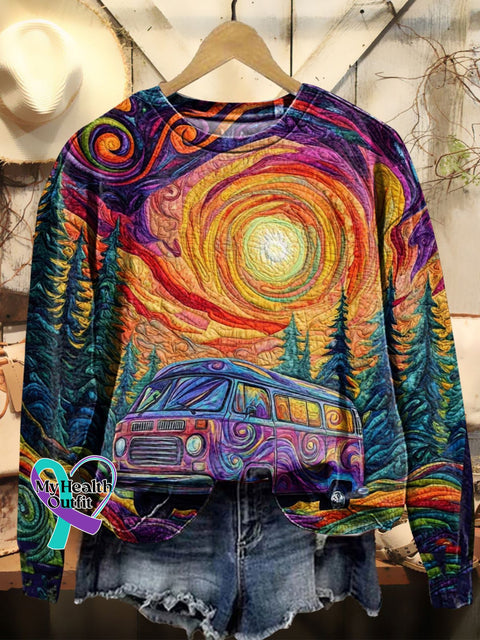 Women’s Colorful Hippie Bus Textured Pattern Prints Casual Sweatshirt Multicolor / S