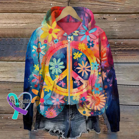 Women’s Colorful Hippie Flower Art Print Zip Up Hoodie Multicolor / S