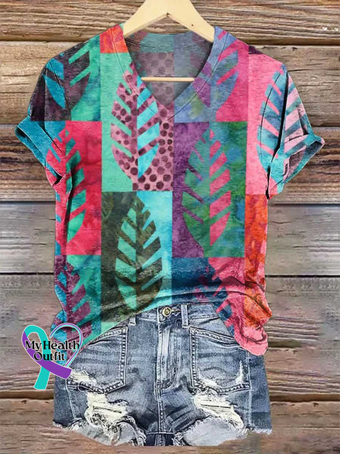 Women’s Colorful Leaf V-neck Casual T-Shirt Multicolor / S