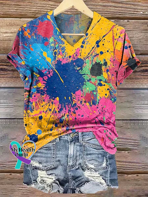Women’s Colorful Pigment V-neck Casual T-Shirt Multicolor / S