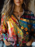 Women’s Colorful Sun Collage Art Print Casual Long Sleeve Comfortable Cotton Shirt Multicolor / S