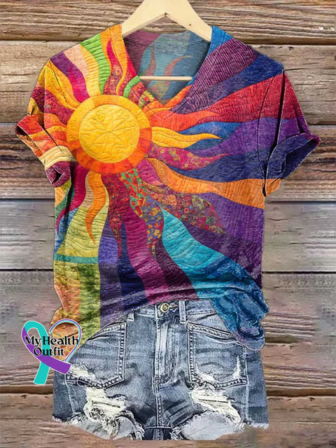 Women’s Colorful Sun V-neck Casual T-Shirt Multicolor / S