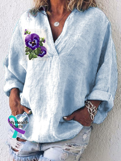 Women’s Cotton And Linen Purple Floral V-Neck Top Blue / S