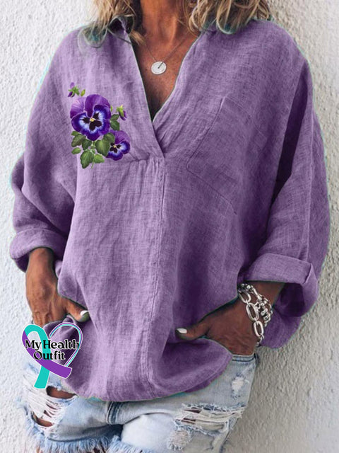 Women’s Cotton And Linen Purple Floral V-Neck Top / S