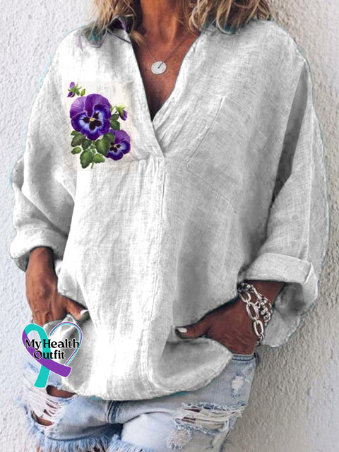 Women’s Cotton And Linen Purple Floral V-Neck Top White / S