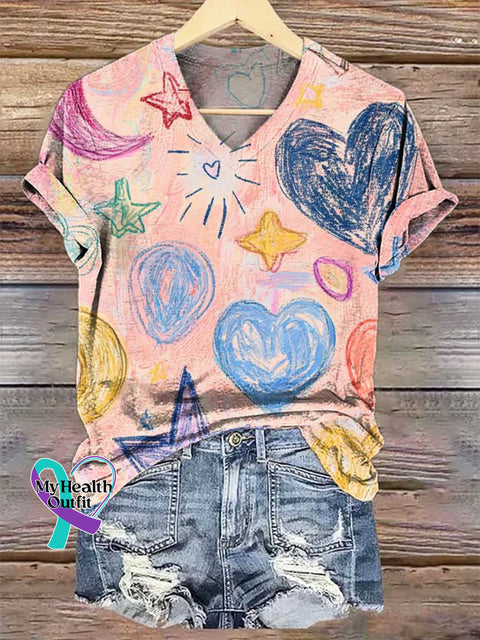 Women’s Crayon Heart V-neck Casual T-Shirt Multicolor / S