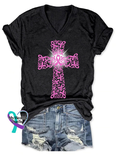 Women’s Cross Faith Breast Cancer Awareness Art Print V-Neck Casual T-Shirt Black / S
