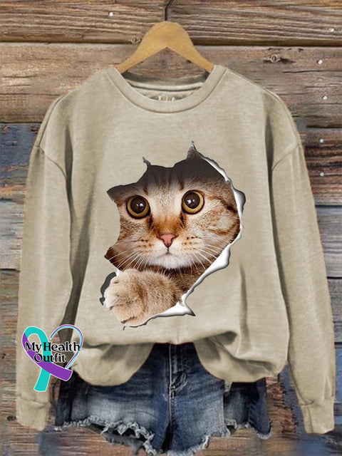 Women’s Cute 3D Cat Print Casual Sweatshirt Apricot / S