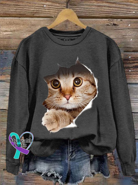 Women’s Cute 3D Cat Print Casual Sweatshirt Dark Grey / S