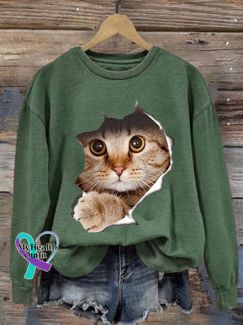 Women’s Cute 3D Cat Print Casual Sweatshirt Green / S