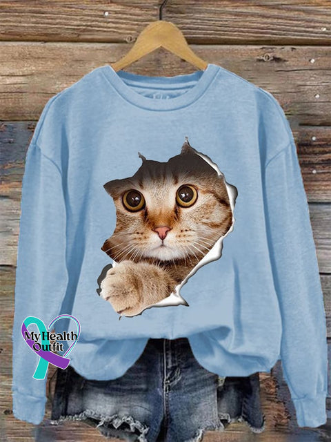 Women’s Cute 3D Cat Print Casual Sweatshirt Light Blue / S