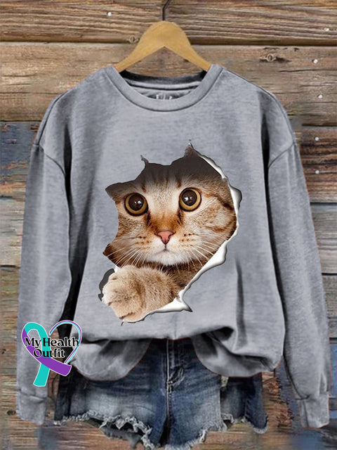 Women’s Cute 3D Cat Print Casual Sweatshirt Light Grey / S