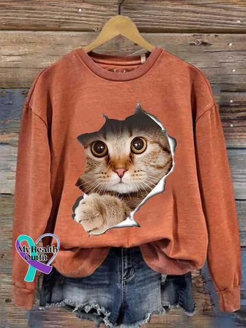 Women’s Cute 3D Cat Print Casual Sweatshirt Orange / S