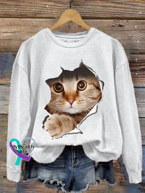 Women’s Cute 3D Cat Print Casual Sweatshirt White / S