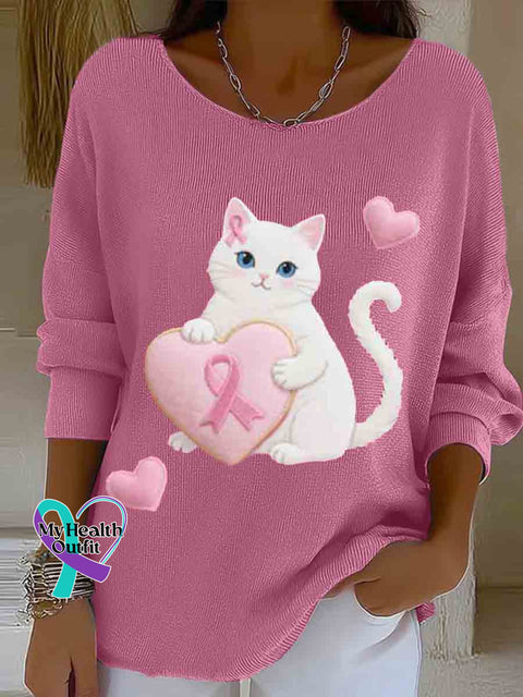 Women’s Cute Cat Breast Cancer Awareness Art Casual Pullover Sweater LightPink / S