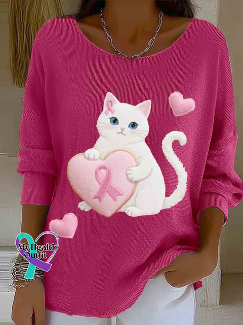 Women’s Cute Cat Breast Cancer Awareness Art Casual Pullover Sweater Pink / S