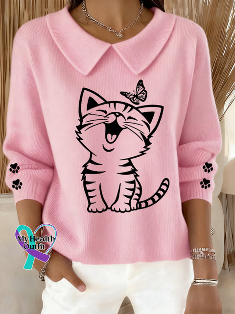 Women’s Cute Cat Print Cat Lovers Cat Mom Gift Casual Baby Doll Collar Top Pink / S