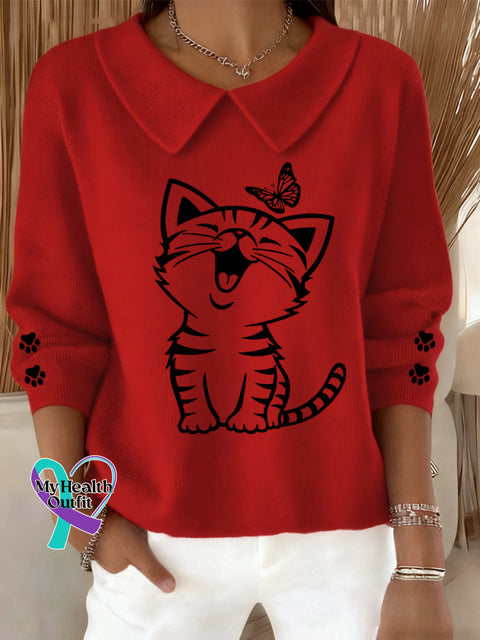 Women’s Cute Cat Print Cat Lovers Cat Mom Gift Casual Baby Doll Collar Top Red / S