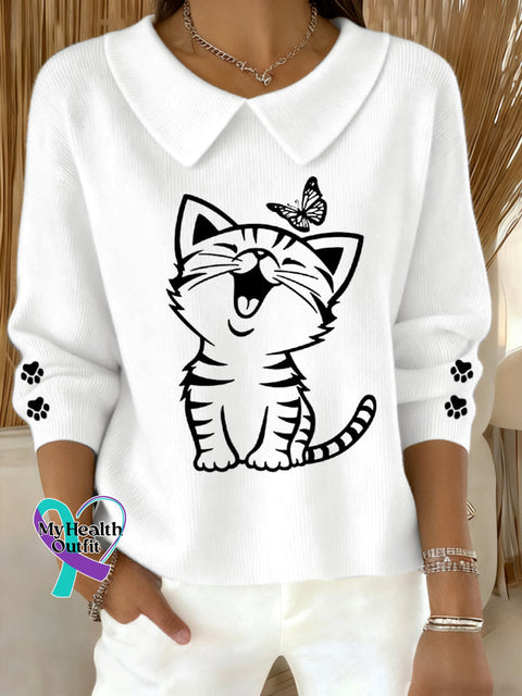 Women’s Cute Cat Print Cat Lovers Cat Mom Gift Casual Baby Doll Collar Top White / S